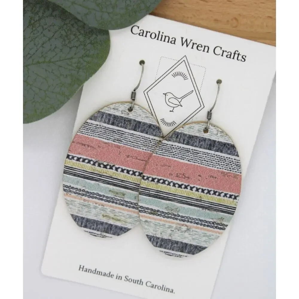 5/$25 Cork on Leather Oval Earrings Pastel Multi-Colored Stripes - Picture 1 of 3